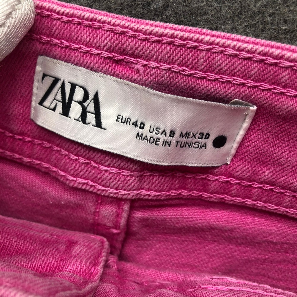 Zara High Waisted Wide Leg Pink Jeans Womens 8 Frayed Barbie Stretch - Picture 9 of 10
